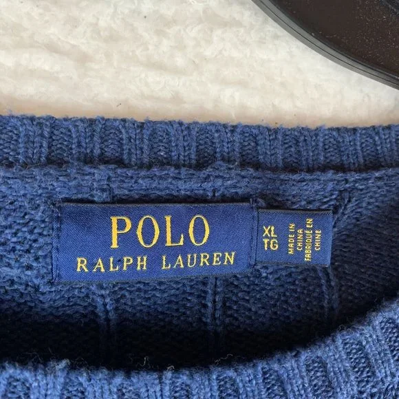 Polo Ralph Lauren Sweater Mens XL Blue Cable Knit Long Sleeve Crew Pullover 7283